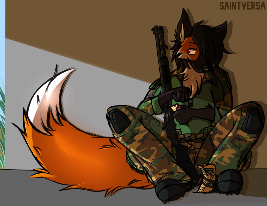 against_surface anthro apathetic big_tail canid canine clothed clothing eating eating_food eli_cruz food gun hi_res holding_object looking_away male mammal maned_wolf military_clothing military_uniform mre ranged_weapon saintversa shadow shotgun simple_background sitting sitting_on_ground solo tail uniform weapon