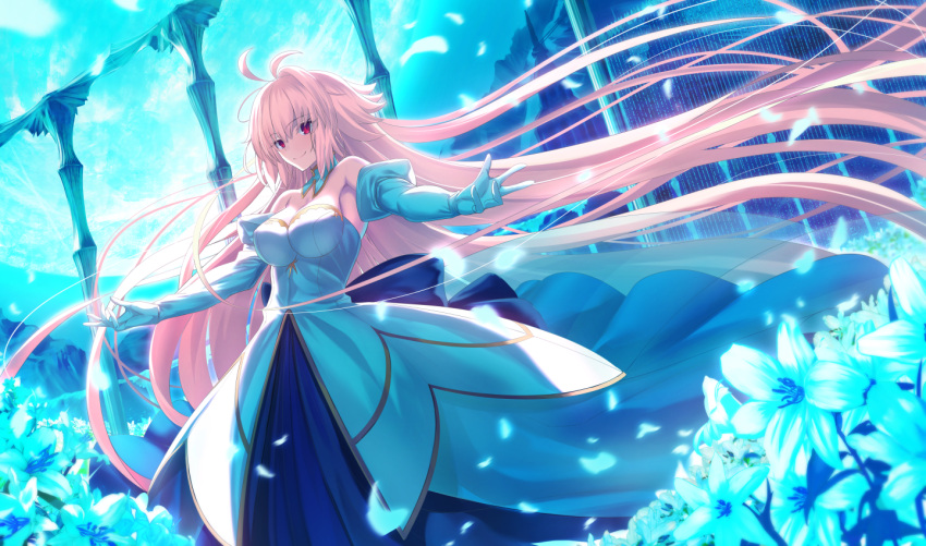 1girl archetype_earth arcueid_brunestud bangs bare_shoulders blonde_hair blue_skirt blush breasts cleavage detached_collar detached_sleeves dress fate/grand_order fate_(series) gloves large_breasts layered_skirt long_hair long_skirt looking_at_viewer neko_daruma red_eyes skirt smile solo tsukihime very_long_hair white_dress white_gloves