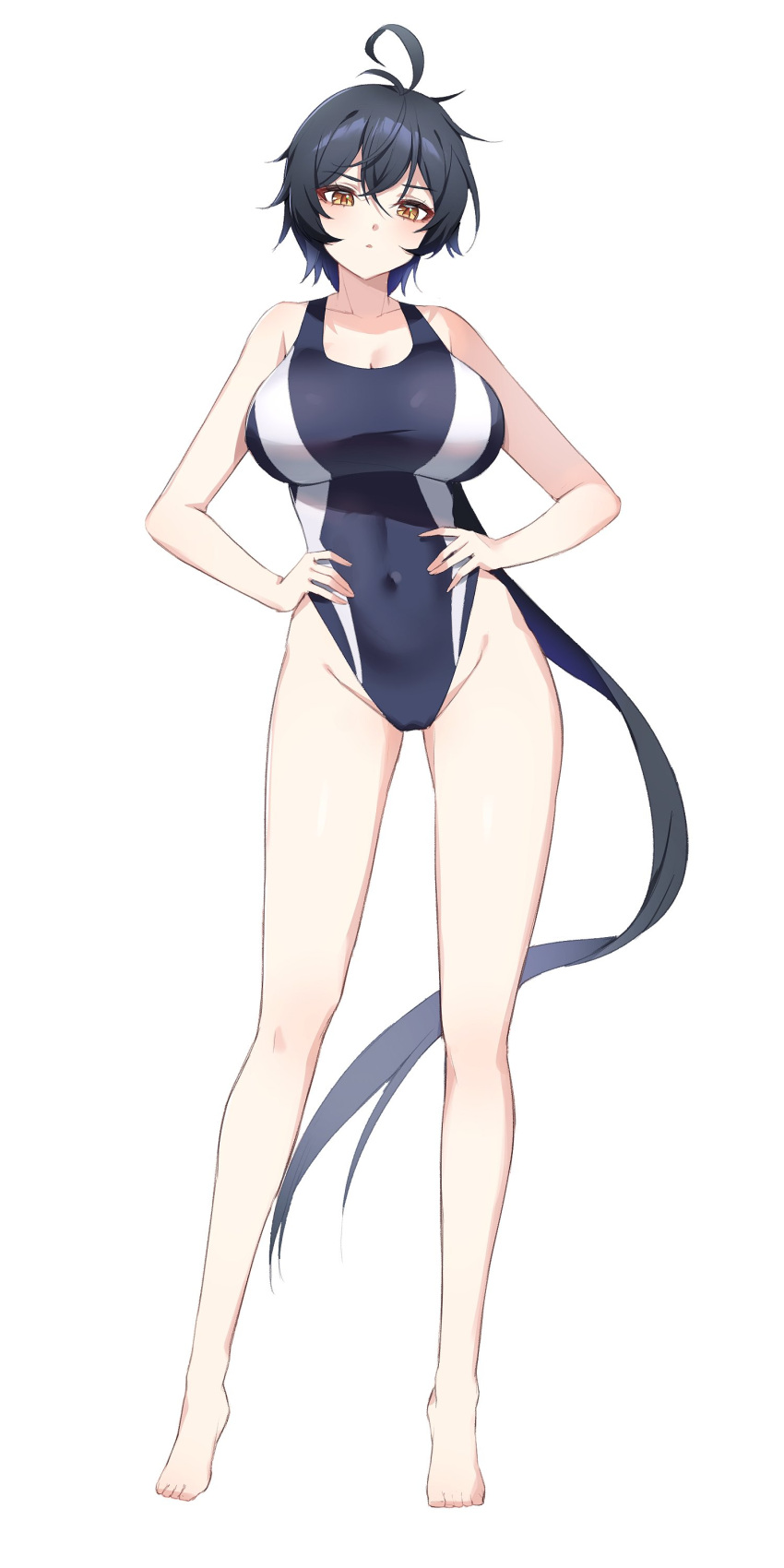 1girl absurdres antenna_hair bare_arms bare_legs bare_shoulders barefoot black_hair black_one-piece_swimsuit breasts competition_swimsuit covered_navel full_body hands_on_hips highleg highleg_swimsuit highres impossible_clothes impossible_swimsuit large_breasts legs long_hair long_legs looking_at_viewer low_ponytail one-piece_swimsuit original parted_lips simple_background solo standing swimsuit thighs tiptoes ugwa very_long_hair white_background yellow_eyes