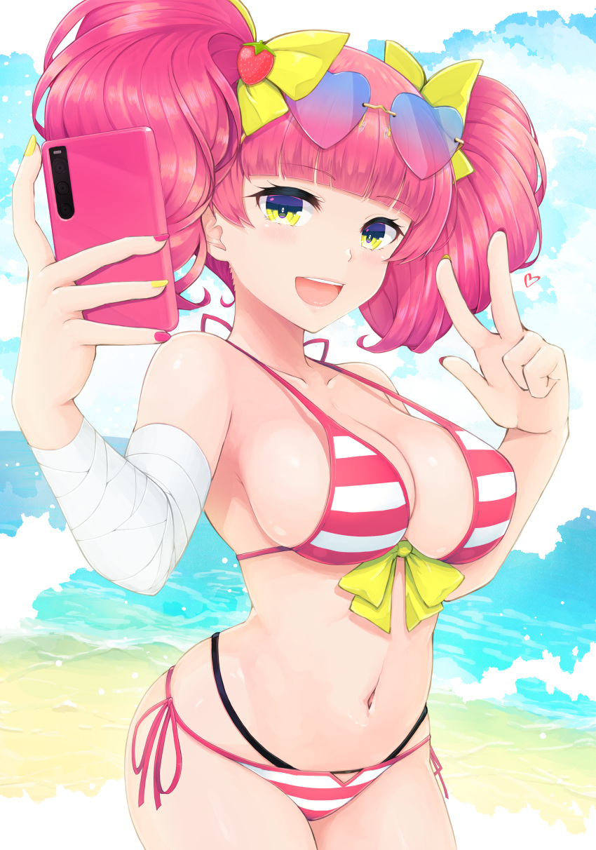 1girl absurdres bandaged_arm bandages bangs beach bikini blunt_bangs bow breasts cellphone eyewear_on_head food-themed_hair_ornament hair_ornament heart heart-shaped_eyewear highres holding holding_phone large_breasts milk_(pop'n_music) multicolored_nails nail_polish navel open_mouth phone pink_hair pop'n_music sky smartphone solo stomach strawberry_hair_ornament striped striped_bikini sunglasses swimsuit teeth temari_rin twintails upper_teeth_only v yellow_bow yellow_eyes