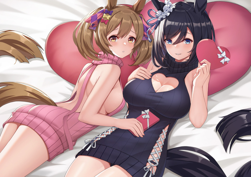 2girls animal_ears black_hair black_sweater blue_eyes box breasts brown_hair cleavage cleavage_cutout closed_mouth clothing_cutout ear_ornament eishin_flash_(umamusume) heart-shaped_box horse_ears horse_girl horse_tail large_breasts looking_at_viewer lying medium_breasts meme_attire multiple_girls on_back on_stomach pillow pink_sweater short_hair sideboob sleeveless sleeveless_sweater smart_falcon_(umamusume) smile sweater tail twintails umamusume valentine virgin_killer_sweater vococo yellow_eyes