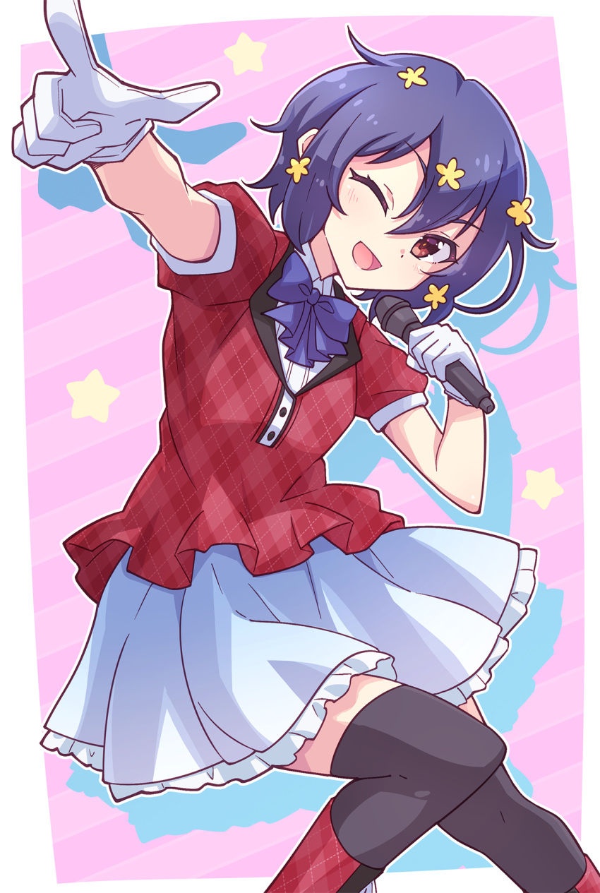 1girl ;d argyle argyle_footwear argyle_jacket bangs black_thighhighs blue_bow blue_hair boots bow collared_shirt diagonal_stripes dress_shirt e20 feet_out_of_frame flower frilled_skirt frills gloves hair_between_eyes hair_flower hair_ornament highres holding holding_microphone jacket microphone mizuno_ai one_eye_closed outstretched_arm pink_background pleated_skirt red_eyes red_footwear red_jacket shirt skirt smile solo striped striped_background thighhighs thighhighs_under_boots white_gloves white_shirt white_skirt yellow_flower zombie_land_saga