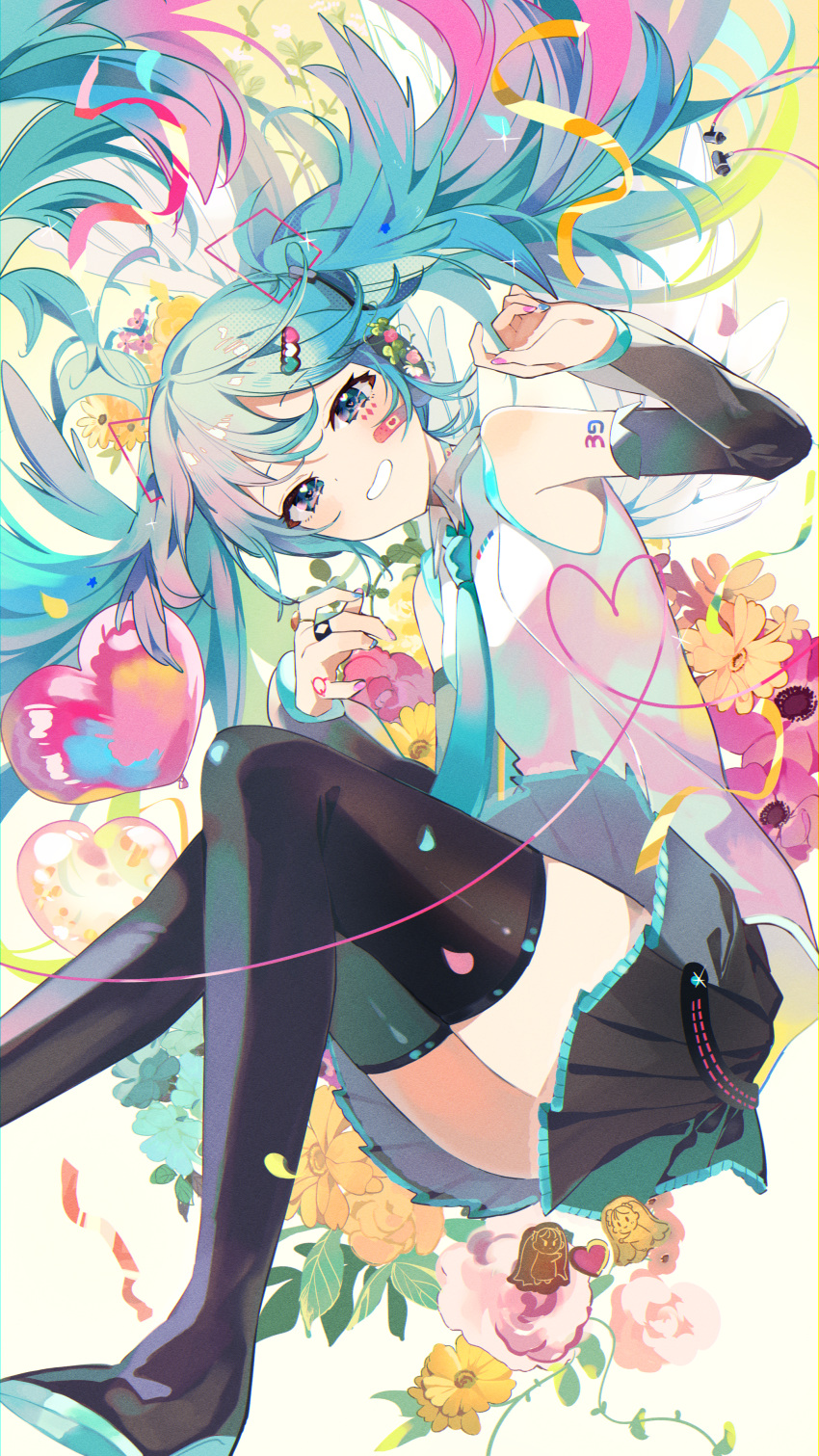 1girl absurdres ai_kotoba_iv_(vocaloid) aqua_hair bandaid bandaid_on_face black_footwear black_skirt black_sleeves blue_eyes blue_necktie boots collared_shirt detached_sleeves flower grey_shirt grin hair_ornament hatsune_miku heart heart_hair_ornament highres long_hair looking_at_viewer necktie omutatsu pleated_skirt shirt skirt sleeveless sleeveless_shirt smile solo thigh_boots twintails very_long_hair vocaloid