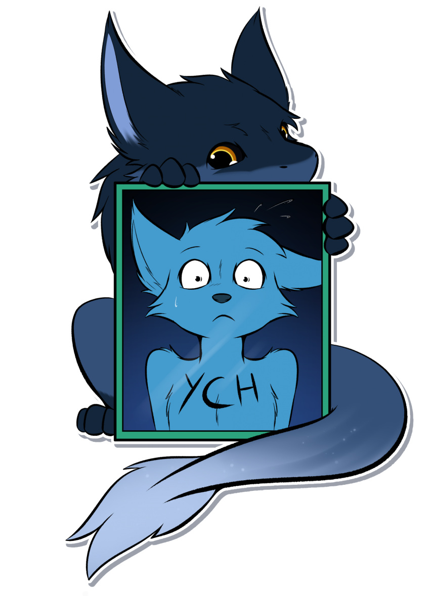 ambiguous_gender anthro blue_body blue_fur bodily_fluids dragon duo feral fur furred_dragon giru giru_(artist) grey_body grey_fur hi_res hiding_behind_object holding_mirror holding_object male mirror orange_eyes reflection shocked shocked_expression sitting sweat sweatdrop ych_(character)