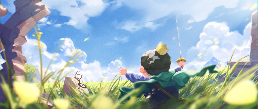1boy arms_up black_hair blue_shirt blue_sky blurry blurry_foreground bojji cape cloud commentary crown day depth_of_field english_commentary facing_away grass green_cape highres holding holding_sword holding_weapon kage_(ousama_ranking) leaf long_sleeves mini_crown mountain orenji_(orenjikunart) ousama_ranking outdoors rock ruins running scenery shirt short_hair sky sword tree weapon