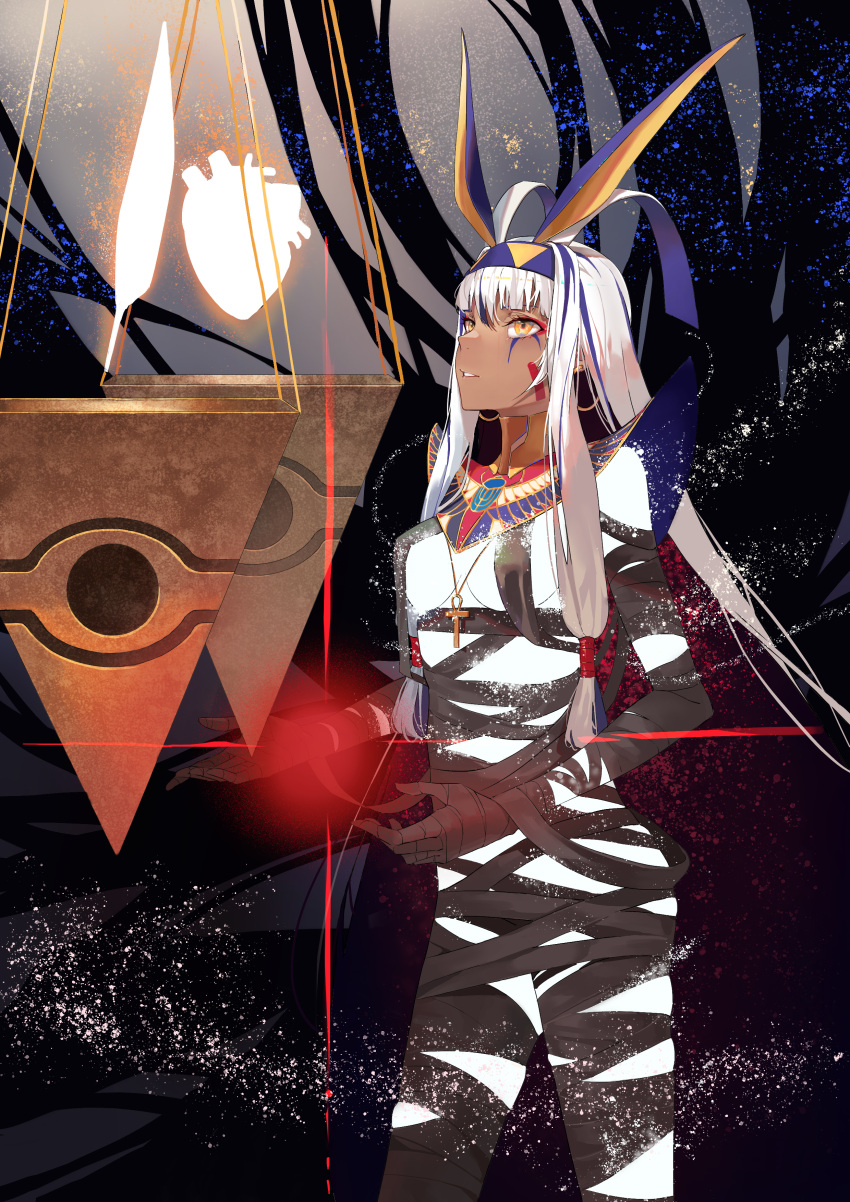 1girl absurdres animal_ears ankh antenna_hair bandages bangs black_bandages black_hair breasts colored_inner_hair dark-skinned_female dark_skin earrings facepaint facial_mark fate/grand_order fate_(series) feathers glowing_skin hairband heart highres hoop_earrings jackal_ears jewelry long_hair looking_up medium_breasts multicolored_hair necklace nitocris_(fate) nitocris_alter_(fate) nitocris_alter_(first_ascension)_(fate) rong_kui_baku sidelocks streaked_hair thighs usekh_collar very_long_hair weighing_scale white_hair yellow_eyes