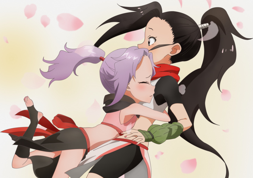 2girls absurdres bangs black_gloves fingerless_gloves gloves high_ponytail highres hug kunoichi_tsubaki_no_mune_no_uchi long_hair midriff multiple_girls nail_polish newgame_peco ninja parted_bangs purple_hair sazanka_(kunoichi_tsubaki_no_mune_no_uchi) sidelocks toeless_legwear toenail_polish toenails tsubaki_(kunoichi_tsubaki_no_mune_no_uchi)