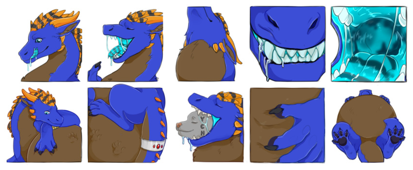 alpha_channel ambiguous_gender belly big_belly black_pawpads blue_body blue_eyes blue_fur blue_teeth blue_tongue bodily_fluids brown_body brown_fur dragon drooling duo eyes_closed fangs feral fur glistening glistening_eyes horn huge_belly long_neck mouth_shot multiple_images neck_bulge open_mouth orange_horn paw_imprint pawpads roobin saliva saliva_string simple_background solo spiked_tail spikes spikes_(anatomy) teeth tongue transparent_background vore