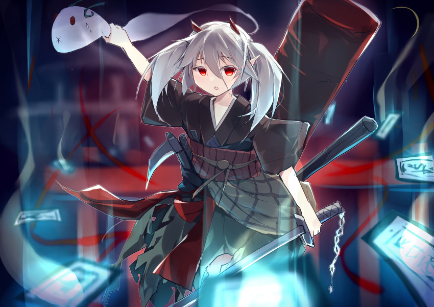 absurdres chain duel_monster ghost_ogre_&amp;_snow_rabbit grabbing highres holding holding_sword holding_weapon horns japanese_clothes kanzakietc kusarigama obi ofuda oni_horns red_eyes sash sickle spirit sword twintails weapon white_hair yu-gi-oh!