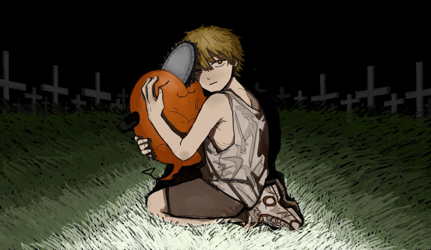 1boy blonde_hair brown_eyes chainsaw chainsaw_man closed_eyes dark denji_(chainsaw_man) grass graveyard hhn_965 looking_at_viewer pochita_(chainsaw_man) seiza short_hair sideways_glance sitting tank_top tombstone white_tank_top