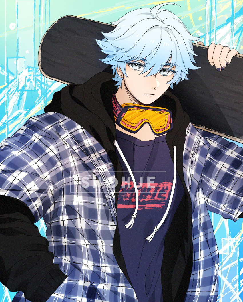 1boy absurdres black_hoodie black_shirt blue_eyes blue_hair chongyun_(genshin_impact) closed_mouth genshin_impact goggles goggles_around_neck highres holding holding_skateboard hood hood_down hoodie jacket light_blue_hair long_sleeves looking_at_viewer male_focus plaid plaid_jacket shirt shohje short_hair skateboard solo white_jacket