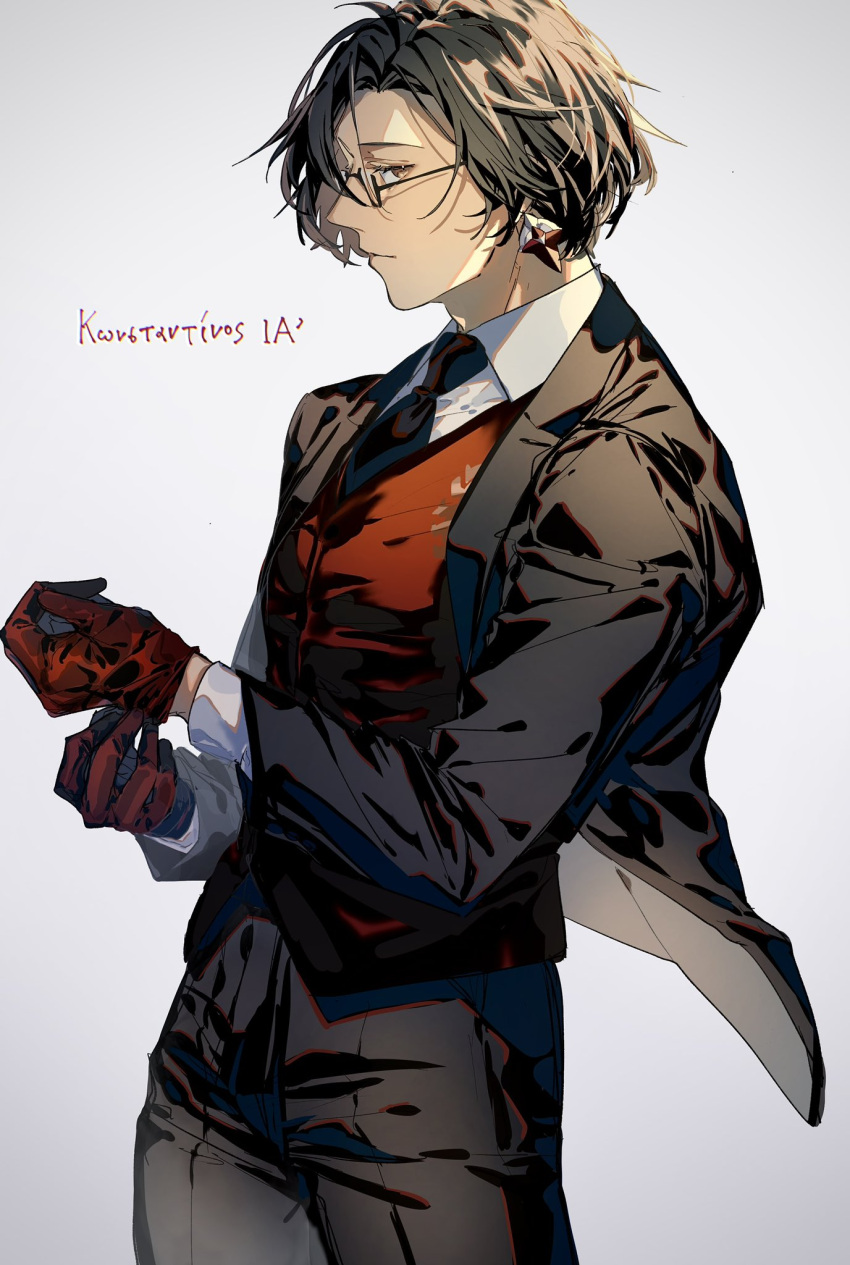 1boy adjusting_clothes adjusting_gloves black-framed_eyewear black_hair black_jacket black_necktie black_pants black_suit brown_eyes character_name closed_mouth collared_shirt constantine_xi_(fate) cowboy_shot earrings fate/grand_order fate_(series) formal from_side glasses gloves greek_text hair_between_eyes highres jacket jewelry looking_at_viewer male_focus nasubi_illust necktie open_clothes open_jacket pants profile red_gloves red_vest shirt short_hair sideways_glance simple_background solo suit vest white_background white_shirt