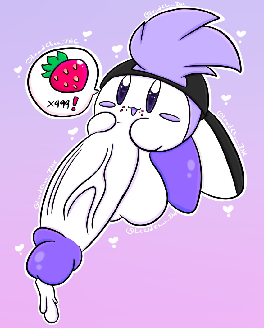 balls big_balls big_penis bodily_fluids clothing cum cum_on_penis fan_character food fruit fur genital_fluids genitals hat headgear headwear hi_res huge_penis kirby_(series) lewdchuu_(artist) male nintendo penis plant purple_body purple_eyes purple_fur simple_background solo strawberry waddling_head white_body xen_(kirbot12)