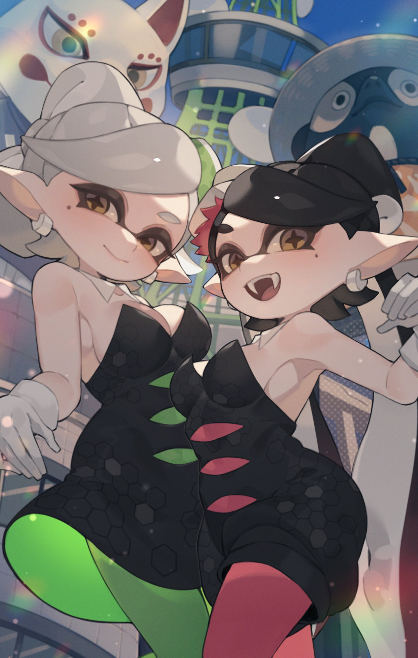 2girls absurdres black_dress black_hair blue_sky brown_eyes callie_(splatoon) detached_collar dress earrings fangs from_below gloves green_pantyhose grey_hair highres jewelry kitsune long_hair looking_at_viewer marie_(splatoon) mole mole_under_eye multiple_girls open_mouth pantyhose pointy_ears prat_rat short_jumpsuit sky splatoon_(series) strapless strapless_dress tanuki tentacle_hair tower unitard