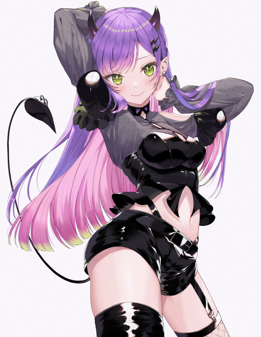 1girl arms_behind_head asymmetrical_legwear bangs belt black_belt black_shirt black_shorts black_thighhighs blush breasts cleavage cleavage_cutout closed_mouth clothing_cutout colored_inner_hair cowboy_shot cropped_legs curvy demon_girl demon_horns demon_tail ear_piercing fishnet_thighhighs fishnets frills green_eyes grey_hair hair_ornament hairclip highres hololive horns latex_shirt latex_shorts latex_thighhighs long_hair long_sleeves looking_at_viewer medium_breasts midriff mismatched_legwear multicolored_hair navel piercing pink_hair pointy_ears purple_hair runlan_0329 see-through see-through_sleeves shirt shorts shoulder_cutout simple_background smile tail tail_ornament tail_piercing thick_thighs thigh_strap thighhighs thighs tokoyami_towa upper_body virtual_youtuber white_background zettai_ryouiki