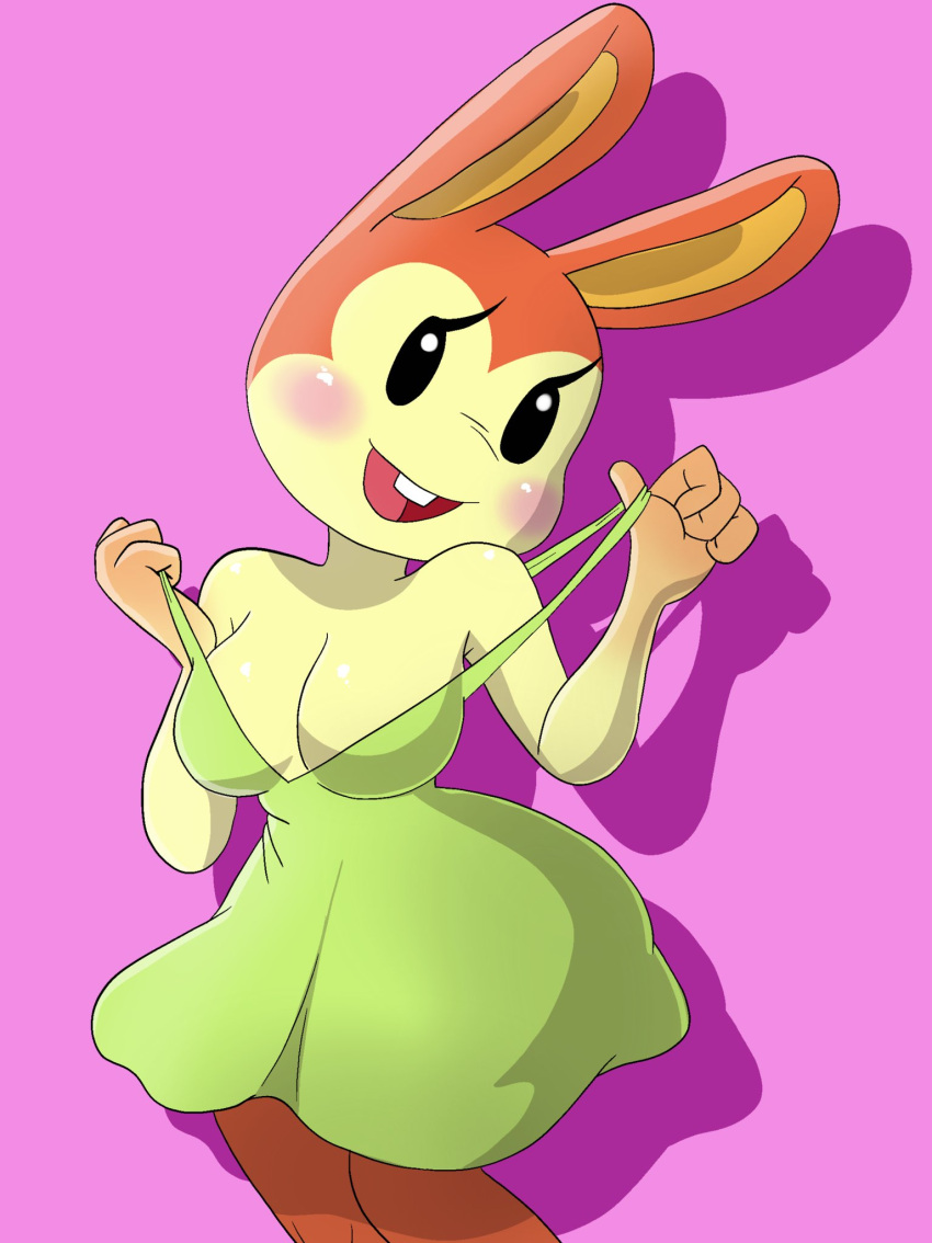 4_fingers animal_crossing anthro breasts buckteeth bunnie_(animal_crossing) cleavage clothed clothing dress female fingers front_view green_clothing green_dress hi_res lagomorph leporid mammal nintendo nojimmyplz off_shoulder open_mouth open_smile portrait rabbit smile solo teeth three-quarter_portrait