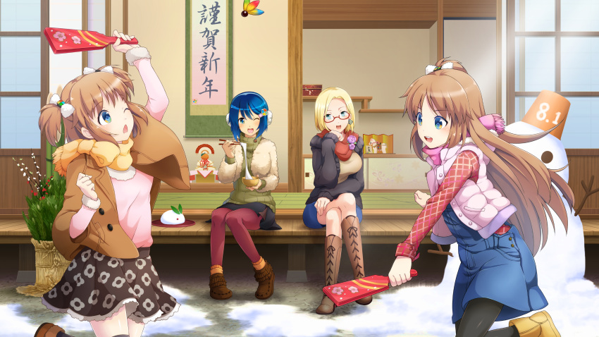 4girls :d ;d ;o absurdres black_pantyhose black_skirt blonde_hair blouse blue_dress blue_eyes blue_hair blue_skirt blush boots bowl box breasts brown_footwear brown_hair brown_skirt claudia_madobe cross-laced_footwear dress earrings eating glasses green_sweater hair_ornament hair_ribbon highres holding holding_bowl house jacket jewelry lace-up_boots large_breasts long_hair looking_at_viewer madobe_ai madobe_nanami madobe_yuu microsoft microsoft_windows multiple_girls one_eye_closed open_mouth os-tan pantyhose personification pink_jacket pink_scarf pink_sweater plant playing_sports potted_plant red_pantyhose red_scarf ribbon scarf scroll shirt shoes short_hair siblings side_ponytail single_earring sisters sitting skirt smile snow snowman standing standing_on_one_leg sweater thighhighs windows_7 windows_8 windows_azure winter_clothes yellow_footwear yellow_scarf