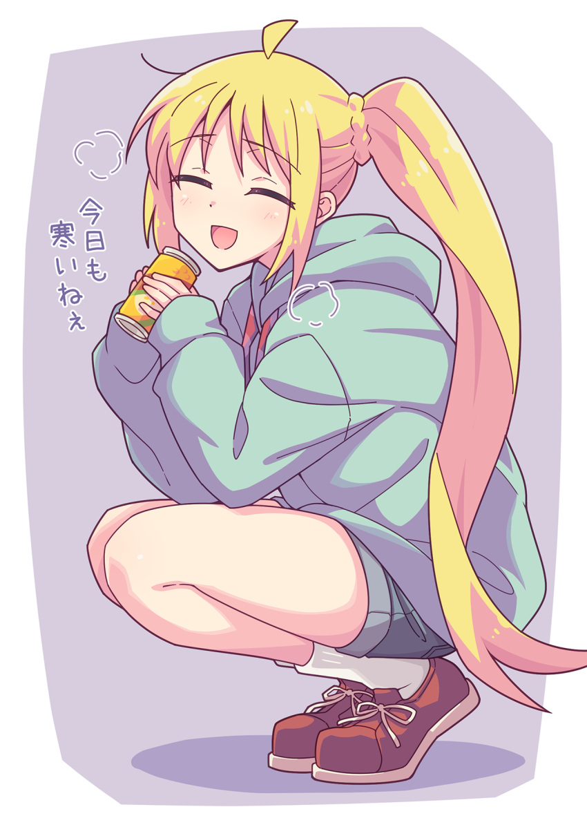 1girl :d ^_^ ahoge blonde_hair blue_hoodie blue_shorts blush bocchi_the_rock! braid can closed_eyes e20 facing_viewer highres holding holding_can hood hood_down hoodie ijichi_nijika long_sleeves puffy_long_sleeves puffy_sleeves purple_background red_footwear shadow shoes short_shorts shorts side_ponytail sleeves_past_wrists smile solo squatting tiptoes translation_request two-tone_background white_background