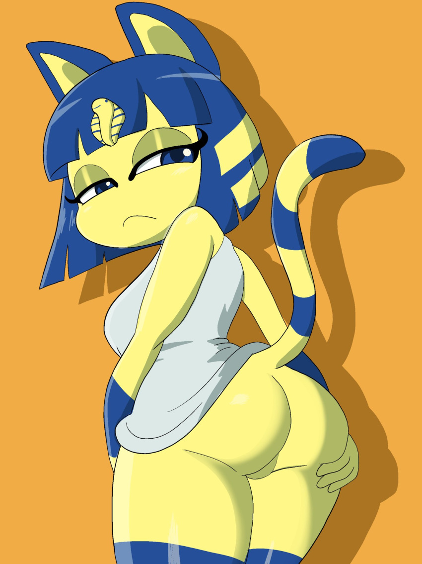 animal_crossing ankha_(animal_crossing) anthro blue_eyes blue_hair butt clothed clothing domestic_cat dress felid feline felis female frown hair hi_res looking_back mammal nintendo nojimmyplz portrait raised_clothing raised_dress rear_view solo three-quarter_portrait uraeus white_clothing white_dress yellow_body