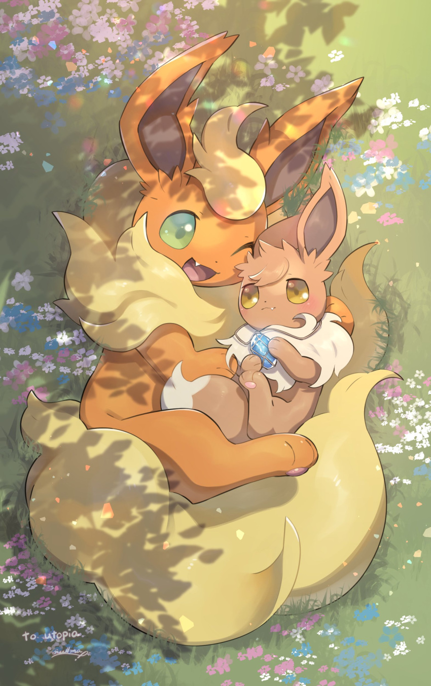 3_toes absurd_res ambiguous_gender black_nose blush brown_body brown_ears brown_fur brown_paws colored day digital_media_(artwork) digital_painting_(artwork) duo eevee eeveelution embrace evolutionary_stone feet female feral flareon flower fluffy fluffy_tail fur fur_collar fur_tuft generation_1_pokemon grass green_eyes hi_res hug lying nintendo nullma on_back on_side one_eye_closed open_mouth orange_body orange_ears orange_fur orange_paws outside pawpads pink_pawpads pink_tongue plant pokemon pokemon_(species) quadruped shadow sharp_teeth signature tail tan_body tan_fur tan_tail_tip teeth text toes tongue tuft water_stone yellow_body yellow_eyes yellow_fur yellow_tail