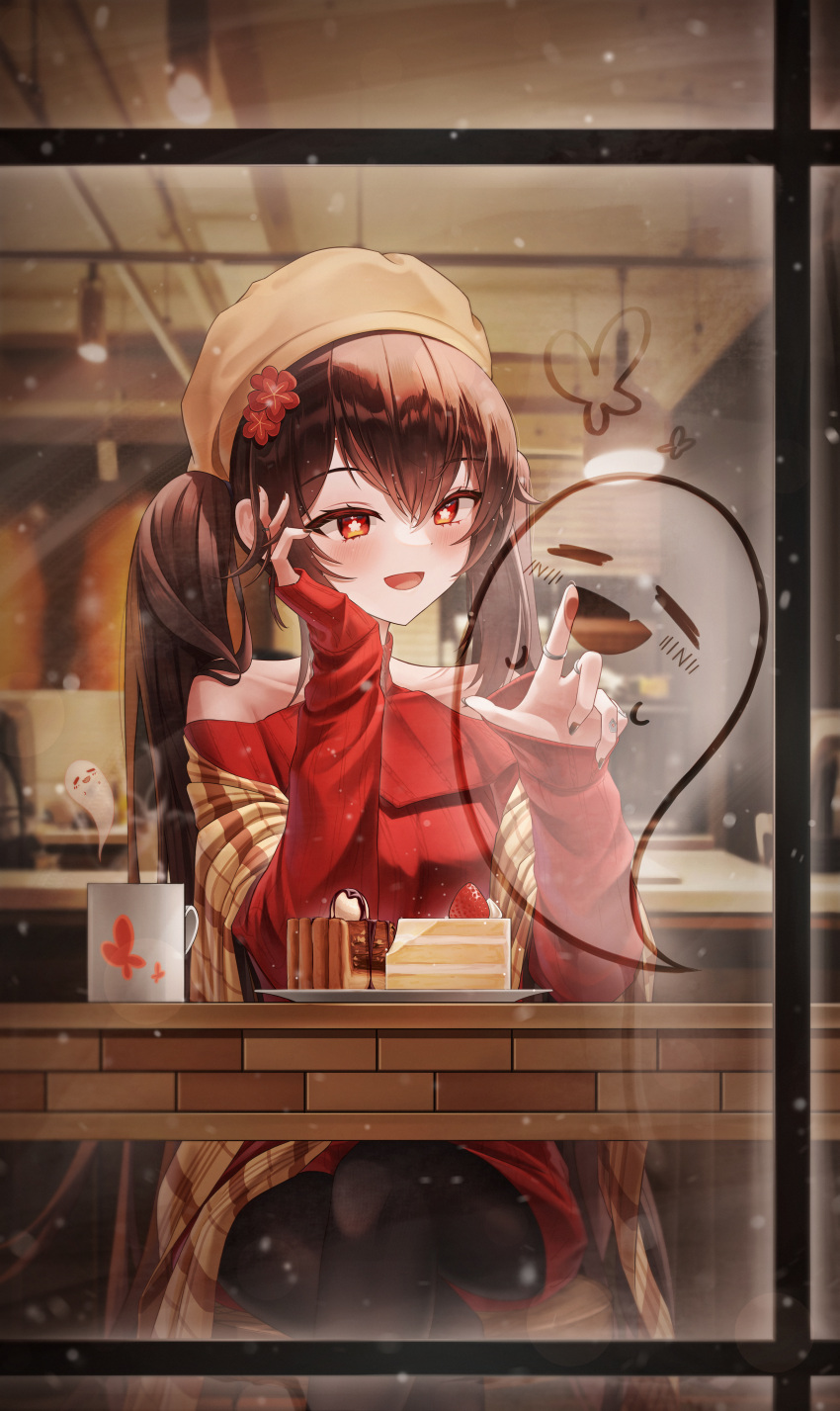 1girl absurdres alternate_costume bare_shoulders black_nails black_pantyhose boo_tao_(genshin_impact) brown_hair brown_headwear cafe cake cake_slice chocolate_cake coffee_mug condensation cup dress drink flower food genshin_impact glass glass_writing hair_flower hair_ornament highres hu_tao_(genshin_impact) indoors jewelry long_hair mug off-shoulder_sweater off_shoulder open_mouth pantyhose pastry plum_blossoms red_flower red_sweater ring sitting smile solo steam sweater sweater_dress tiokun7 turtleneck turtleneck_sweater twintails window