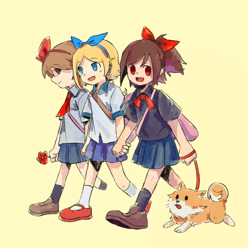 3girls animal bag black_shirt black_socks blonde_hair blue_bow blue_eyes blue_skirt bow brown_eyes brown_footwear brown_hair dog dog_walking flower haru_(yomawari) highres holding holding_flower holding_hands leash multiple_girls open_mouth pleated_skirt ponytail protagonist_(yomawari) red_bow red_eyes red_flower red_footwear shin_yomawari shirt skirt smile socks starjinxin tan_background white_shirt white_socks yomawari yomawari_(series) yui_(yomawari)