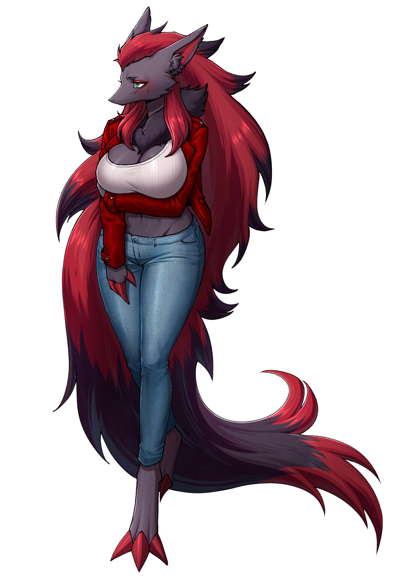 absurd_res anthro breasts clothed clothing cursedanchovy digital_media_(artwork) female fur generation_5_pokemon hair hi_res long_hair nintendo pokemon pokemon_(species) simple_background solo zoroark