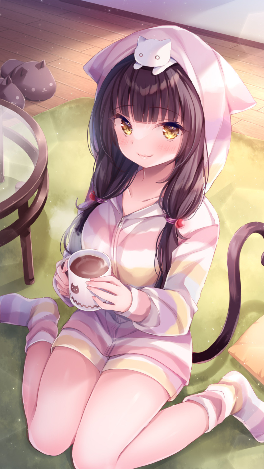 1girl animal_ears animal_hood animal_on_head animal_slippers asakura_karen_(heaven_burns_red) bangs black_hair blush brown_eyes brown_footwear cat cat_ears cat_hood cat_tail closed_mouth commentary_request cup fake_animal_ears heaven_burns_red highres holding holding_cup hood hood_up hooded_jacket jacket long_hair long_sleeves looking_at_viewer mug nemuri_nemu no_shoes on_head puffy_long_sleeves puffy_sleeves short_shorts shorts sitting slippers slippers_removed smile socks solo striped striped_jacket striped_shorts striped_socks table tail wariza white_cat wooden_floor