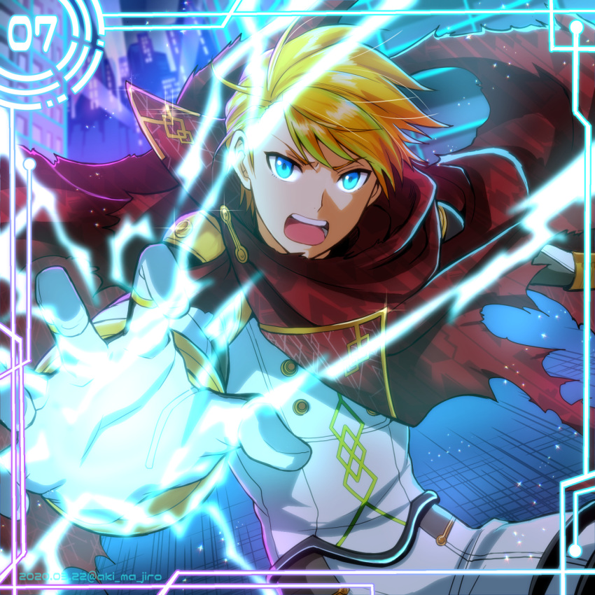 1boy aki_ma_jiro blonde_hair blue_eyes cape dated electricity electrokinesis gloves highres idolmaster idolmaster_side-m maita_rui male_focus open_mouth red_cape solo teeth upper_teeth_only