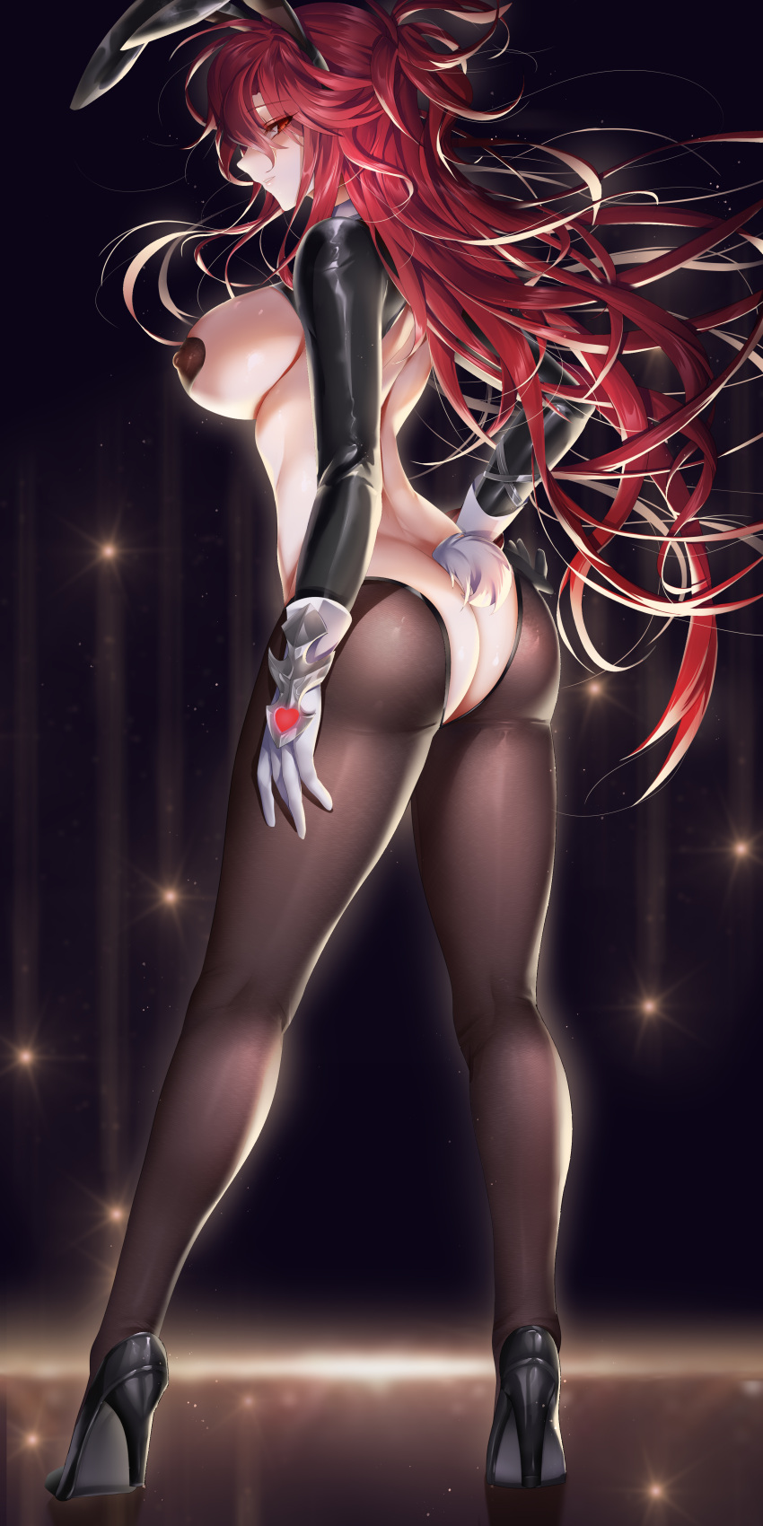 1girl absurdres animal_ears ass been breasts covered_nipples elesis_(elsword) elsword fake_animal_ears fake_tail hand_on_hip heart_pasties high_heels highres large_breasts long_hair looking_at_viewer meme_attire pantyhose pasties playboy_bunny rabbit_ears rabbit_tail red_eyes red_hair reverse_bunnysuit reverse_outfit shrug_(clothing) sideboob smile solo tail very_long_hair