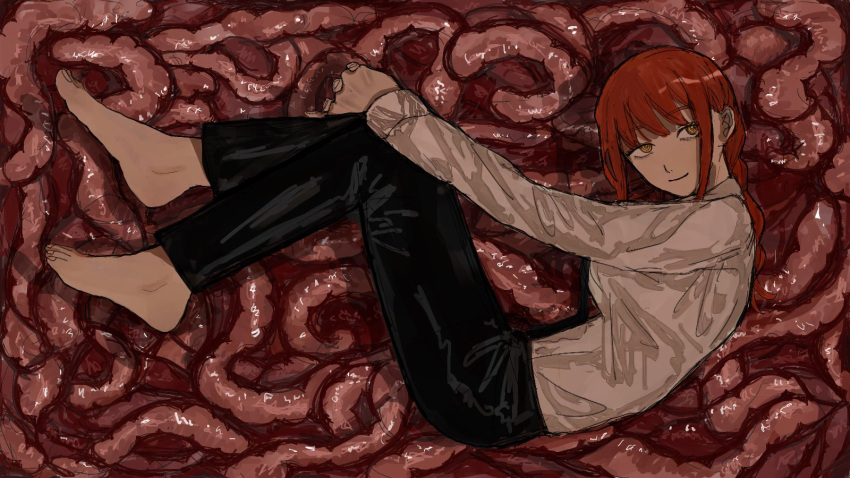 1girl barefoot black_necktie black_pants braid braided_ponytail chainsaw_man collared_shirt hhn_965 highres intestines looking_at_viewer lying makima_(chainsaw_man) medium_hair necktie on_side pants red_hair ringed_eyes shirt shirt_tucked_in sideways_glance smile solo white_shirt yellow_eyes