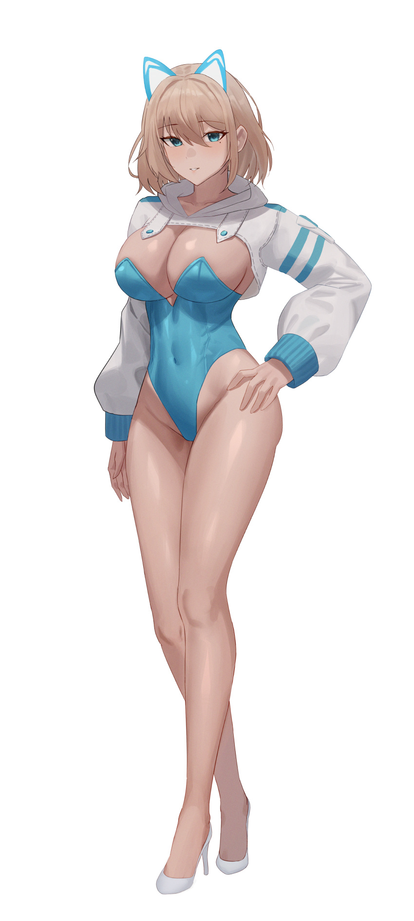 1girl absurdres animal_ears bare_legs blonde_hair blue_eyes blue_leotard breasts cleavage covered_navel cropped_hoodie crossed_legs dea fake_animal_ears full_body hand_on_hip high_heels highleg highleg_leotard highres hood hood_down hoodie large_breasts leotard long_sleeves looking_at_viewer mole mole_under_eye original parted_lips short_hair simple_background smile solo standing strapless strapless_leotard thighs watson_cross white_background white_footwear
