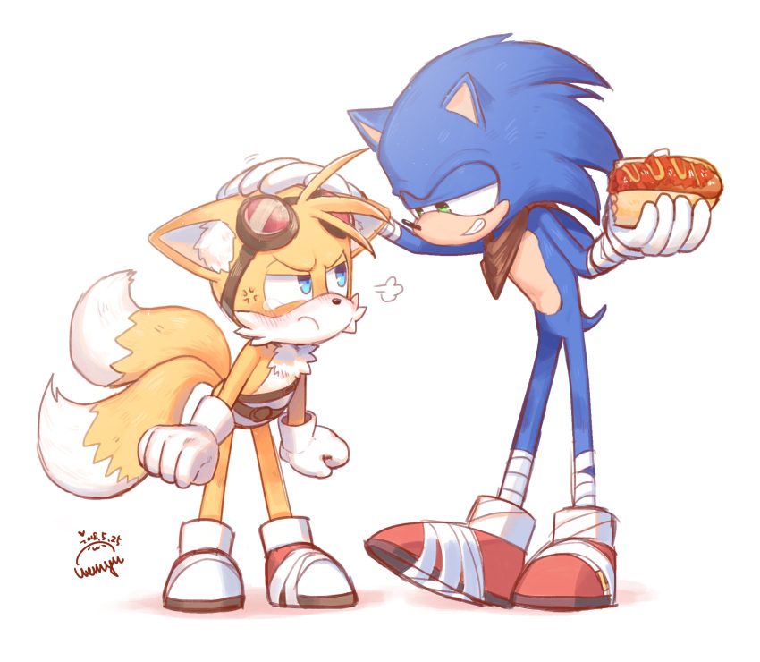 2boys amy7996659 anger_vein animal_ear_fluff animal_ears animal_nose annoyed artist_name bandaged_arm bandaged_leg bandages belt blue_eyes blush body_fur brown_belt brown_scarf chili_dog eyewear_on_head food fox_boy fox_ears fox_tail full_body furry furry_male glasses gloves green_eyes half-closed_eyes hand_on_another's_head hands_up hedgehog hedgehog_ears hedgehog_tail highres holding holding_food looking_at_another male_focus multiple_boys multiple_tails red_footwear round_eyewear scarf shadow shoes simple_background smile smug sneakers socks sonic_(series) sonic_boom_(game) sonic_the_hedgehog standing tail tails_(sonic) tears teeth two_tails white_background white_gloves white_socks yellow_fur
