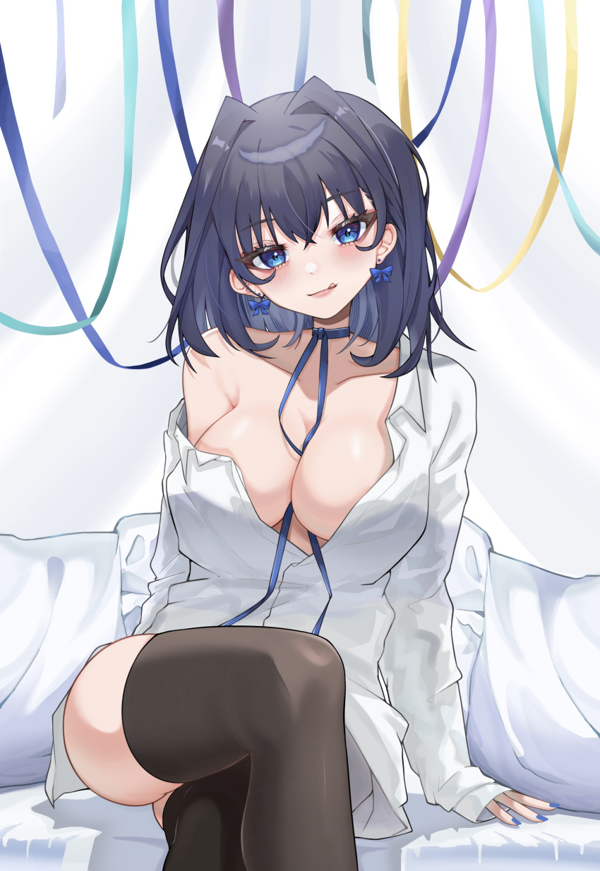 1girl absurdres alternate_costume bare_shoulders between_breasts black_thighhighs blue_eyes blue_hair blue_nails blue_ribbon bow bow_earrings breasts choker cleavage collarbone crossed_legs dark_blue_hair earrings english_commentary hair_between_eyes hair_intakes head_tilt highres hololive hololive_english jewelry large_breasts licking_lips long_sleeves looking_at_viewer medium_hair naked_shirt no_bra open_clothes open_shirt ouro_kronii partially_unbuttoned ribbon ribbon_choker shirt shunnukiki sitting solo thighhighs tongue tongue_out virtual_youtuber white_shirt