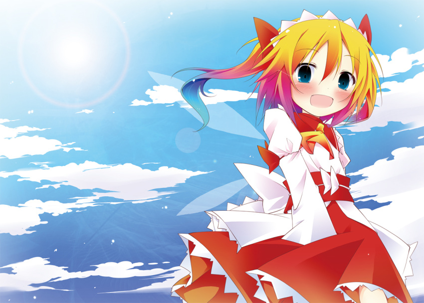 1girl blue_eyes blue_sky blush dress fairy fairy_wings hinata_ichi long_sleeves looking_at_viewer multicolored_hair open_mouth red_dress red_hair sky smile sun sunlight sunny_milk tiara touhou two_side_up wings