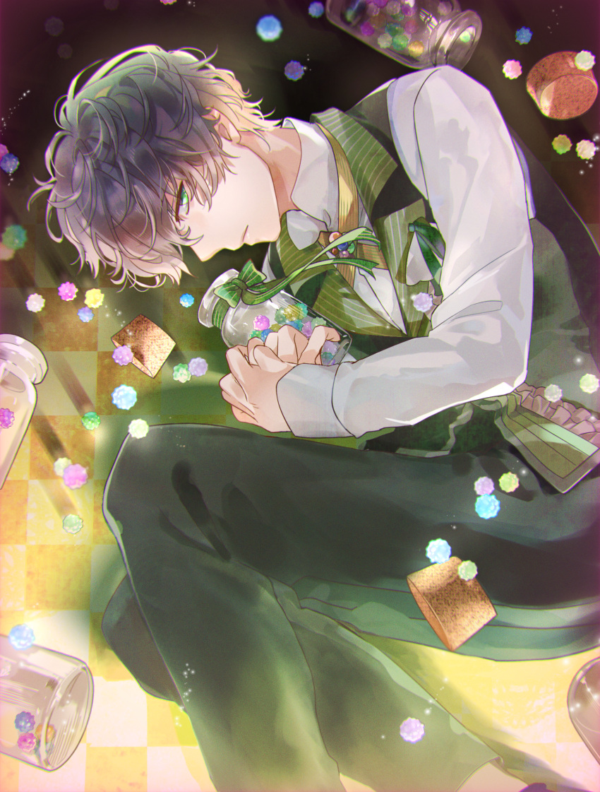 1boy black_pants black_vest blue_hair candy_jar closed_mouth dark_blue_hair facing_to_the_side green_eyes green_vest gretel_(taishou_x_alice) highres holding holding_jar jar long_sleeves looking_at_viewer male_focus multicolored_vest neoromansu5 pants shirt short_hair solo taishou_x_alice unhappy vest wavy_hair white_shirt