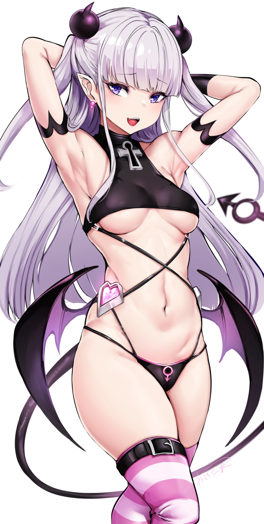 1girl absurdres agetama armpits arms_behind_head blush breasts demon_girl demon_tail grey_hair hair_ornament highres long_hair looking_at_viewer naruse_maria navel open_mouth panties pointy_ears purple_eyes shinmai_maou_no_testament small_breasts solo striped striped_thighhighs tail thighhighs thighs underwear white_background