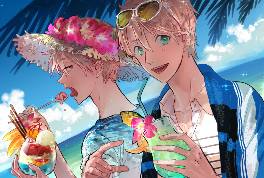 2boys alternate_costume blonde_hair blue_jacket blue_shirt cocktail cocktail_flower collared_shirt cup day drinking_glass dual_persona dutch_angle ear_piercing earrings eating eyewear_on_head fate/grand_order fate_(series) flower food fruit gradient_clothes gradient_shirt green_eyes hair_between_eyes hat hat_flower holding holding_cup holding_spoon hurricane_glass ice_cream jacket jekyll_and_hyde_(fate) jewelry letterman_jacket light_blush looking_at_viewer male_focus multiple_boys ocean open_collar open_mouth orange_(fruit) orange_slice orchid palm_tree parfait piercing pineapple pink_flower pocky profile red_eyes sharp_teeth shirt short_hair sideways_glance sparkle spoon straw_hat striped striped_shirt sunglasses t-shirt teeth towel towel_around_neck tree upper_body white_shirt yayayakan