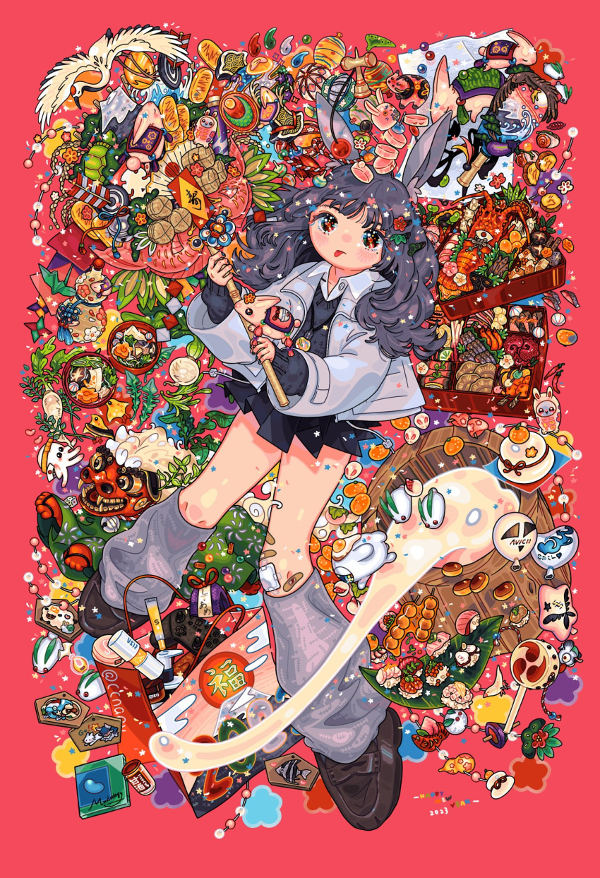 1girl 2023 animal_ears bandaid bangs bird black_footwear black_hair blush crane_(animal) dango flower food fried_egg fruit grey_jacket grey_socks hair_ornament happy_new_year highres jacket jewelry kendama leaf long_hair long_sleeves mitarashi_dango mole mole_under_eye necklace octopus origami original paper_crane peach pink_background rabbit_ears shoes sizucomaru snow_bunny socks solo tongue tongue_out turtle wagashi