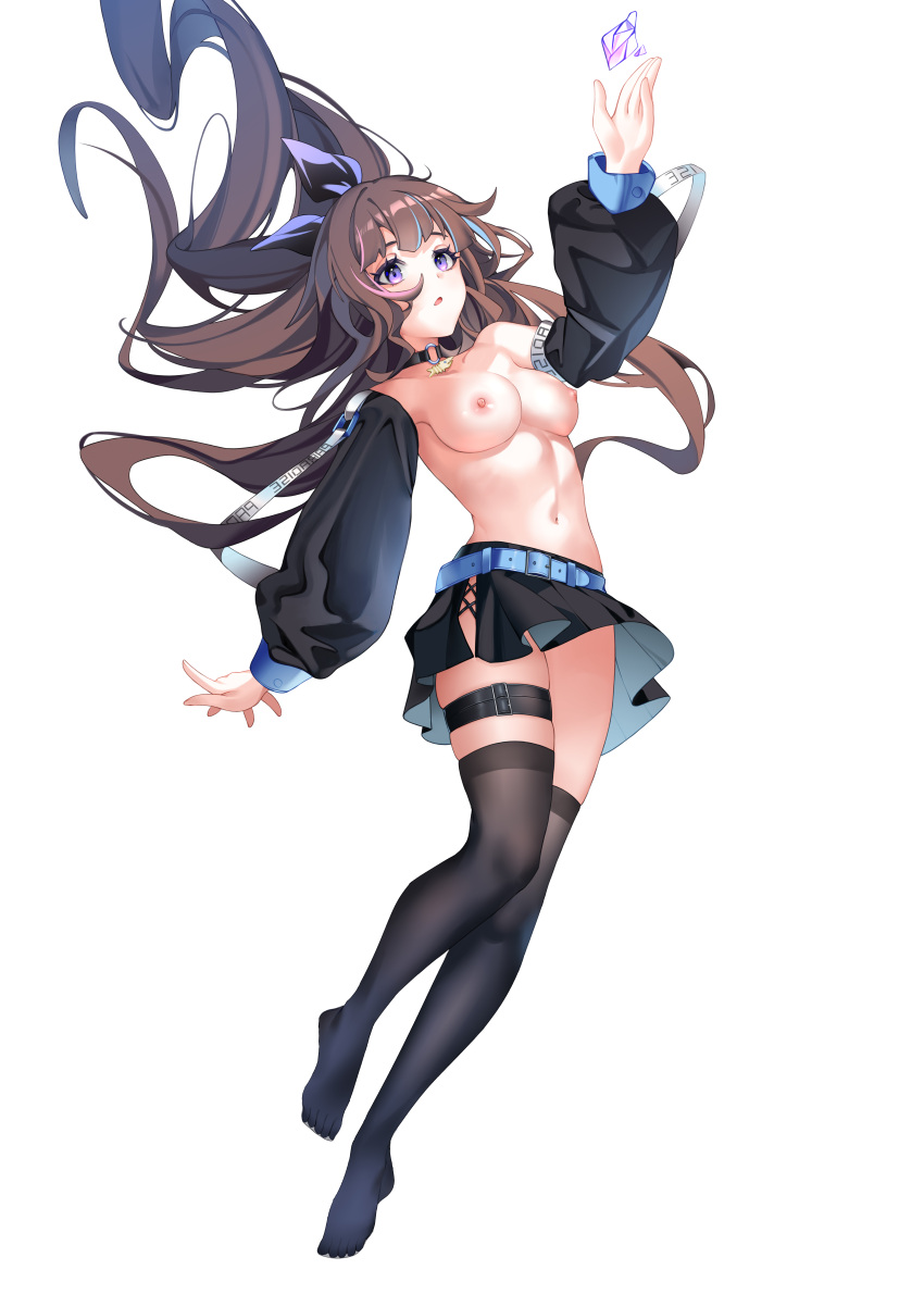 1girl absurdres belt belt_buckle black_bow black_skirt black_sleeves black_thighhighs blue_belt bow breasts brown_eyes brown_hair buckle character_request detached_sleeves floating_hair full_body hair_bow highres long_hair long_sleeves looking_up medium_breasts miniskirt navel nipples open_mouth pleated_skirt shitsurakuen_(paradise_lost) simple_background skindentation skirt solo thigh_strap thighhighs topless very_long_hair virtual_youtuber white_background