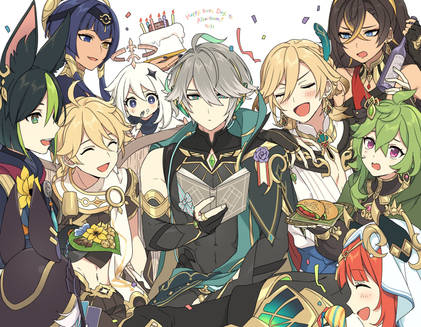 5boys 5girls :d ^_^ aether_(genshin_impact) ahoge alhaitham_(genshin_impact) animal_ear_fluff animal_ears animal_hat arm_on_shoulder bangs bare_shoulders birthday black_eyes black_gloves black_hair black_hairband black_headwear black_nails black_shirt blonde_hair blue_eyes blue_hair blunt_bangs blush book bottle braid braided_ponytail bright_pupils brown_dress brown_hair cable cake candace_(genshin_impact) candle cape chalice character_name closed_eyes closed_mouth collei_(genshin_impact) commentary_request compression_shirt confetti crossed_bangs cup cyno_(genshin_impact) dark-skinned_female dark-skinned_male dark_blue_hair dark_skin dehya_(genshin_impact) dress earrings elbow_gloves expressionless eyelashes fake_horns feather_hair_ornament feathers fingernails flower food food_on_face fork fox_ears gem genshin_impact gloves green_cape green_eyes green_gemstone green_hair grey_hair hair_between_eyes hair_ornament hair_over_one_eye hairband halo hand_up happy_birthday hat heterochromia highres holding holding_book holding_bottle holding_cake holding_cup holding_food holding_fork horns jackal_ears jewelry kaveh_(genshin_impact) kokotendon long_hair long_sleeves looking_at_another looking_at_viewer medal medium_hair multicolored_clothes multicolored_hair multiple_boys multiple_girls nail_polish necklace nilou_(genshin_impact) open_book open_mouth paimon_(genshin_impact) parted_bangs partially_fingerless_gloves profile puffy_long_sleeves puffy_sleeves purple_eyes purple_flower purple_rose red_hair rose shirt short_hair short_hair_with_long_locks shoulder_cape sidelocks simple_background single_braid single_earring sitting sleeveless sleeveless_shirt smile star_(symbol) star_hair_ornament streamers swept_bangs teeth tighnari_(genshin_impact) two-tone_hair upper_body upper_teeth_only veil vision_(genshin_impact) wavy_mouth white_background white_hair white_pupils white_shirt yellow_eyes yellow_flower