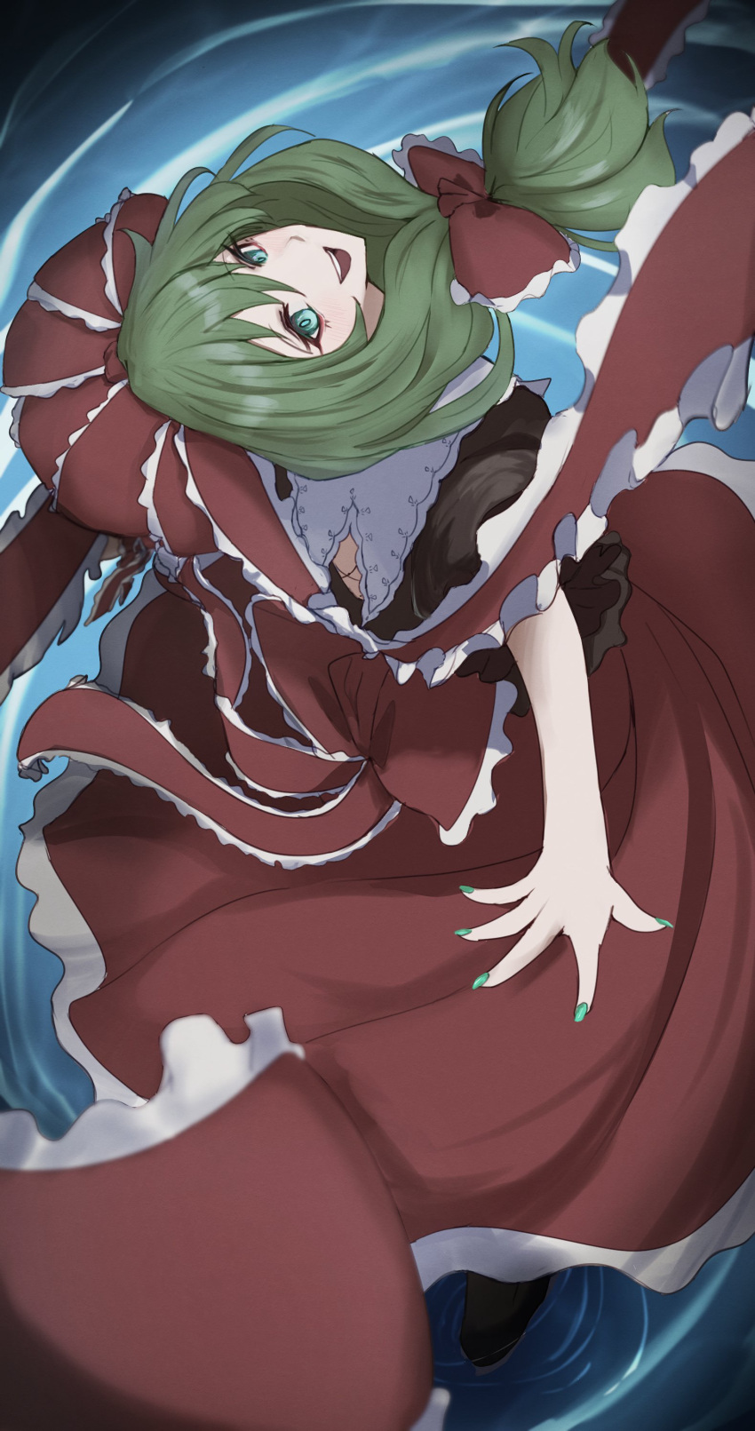 1girl absurdres bow dress evil_smile green_eyes green_hair green_nails hair_bow head_tilt highres in_water kagiyama_hina large_bow looking_at_viewer looking_up red_bow red_dress short_sleeves smile solo spinning touhou yama_kabosu