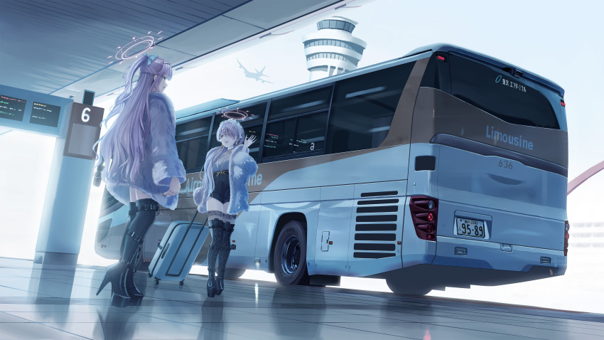 2girls absurdres aircraft airplane airport black_footwear black_shorts boots bus coat commentary commission copyright_request fur_coat ground_vehicle halo highres holding holding_luggage license_plate long_hair long_sleeves motor_vehicle multiple_girls open_clothes open_coat outdoors pink_hair png_pant_(bus) reflection rolling_suitcase shirt shorts skeb_commission suitcase thigh_boots translation_request vehicle_focus walking waving white_coat white_shirt