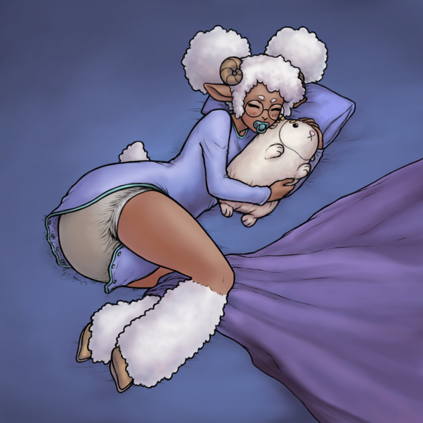 absurd_res animal_humanoid anthro bedding blanket blush bovid bovid_humanoid button_pop caprine caprine_humanoid clothing diaper diaper_under_clothing exposed_diaper eyes_closed eyewear feces female filling_diaper floofnfluff fur glasses hi_res holding_object holding_plushie hooves horn hugging_plushie humanoid infantilism june_(lavenderlamb) lying mammal mammal_humanoid messing_diaper messy_diaper object_in_mouth on_side onesie pacifier pacifier_in_mouth pillow plushie pooping pushing sheep sheep_humanoid sleeping soiled_diaper soiling solo straining wool_(fur)