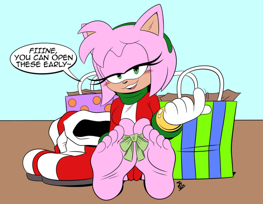 2023 5_toes amy_rose anthro beckoning blush christmas color_edit colored edit eulipotyphlan feet female foot_fetish foot_focus fur gesture gift green_eyes hedgehog hi_res holidays humanoid_feet mammal pink_body pink_fur plantigrade seductive sega shelfi shoes_removed sitting sitting_on_ground soles solo sonic_the_hedgehog_(series) thefunnierbones toes toes_tied