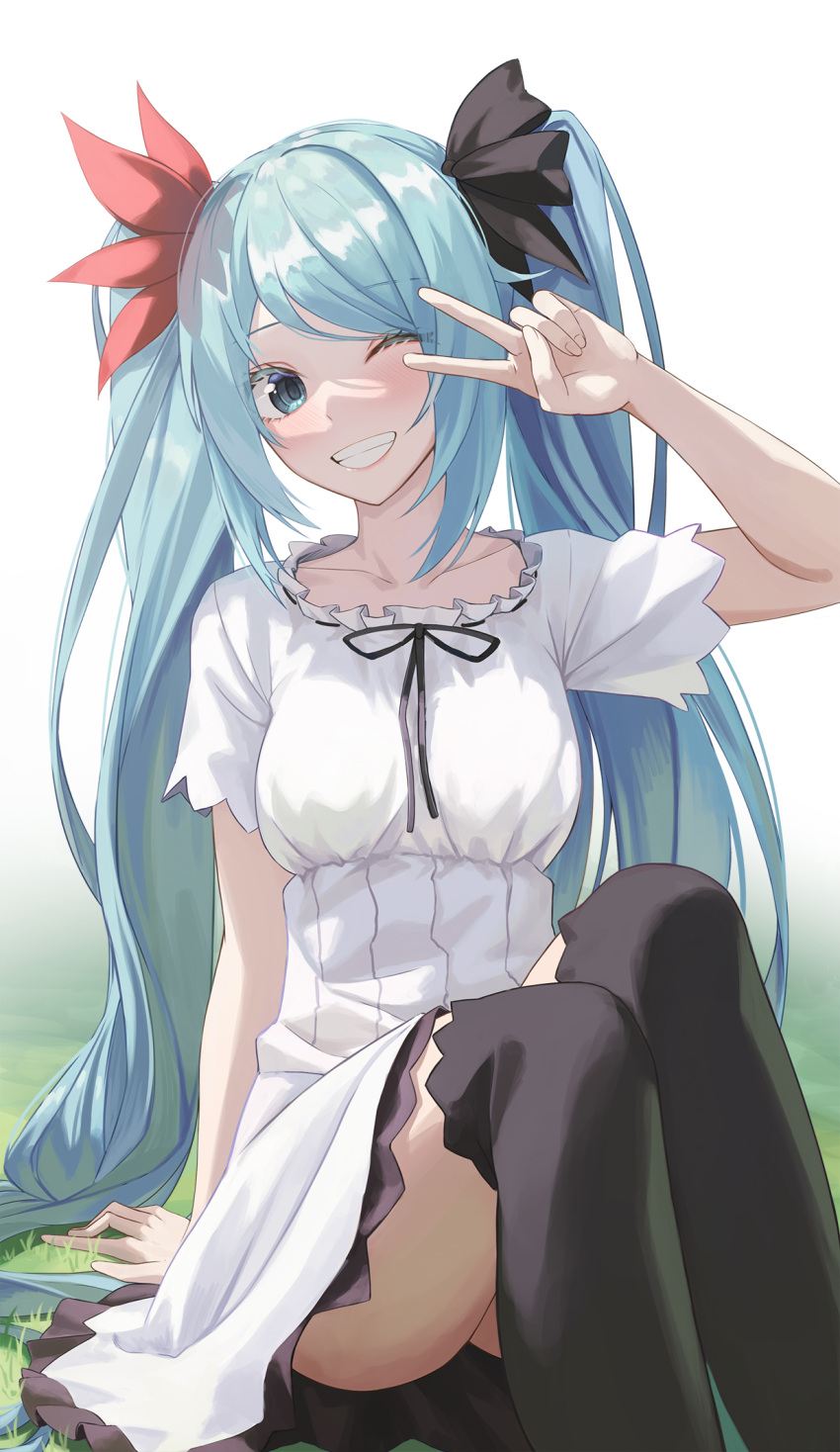 1girl aqua_eyes aqua_hair arm_support black_flower black_ribbon black_thighhighs blue_hair blush collarbone colored_eyelashes dress flower green_eyes grin hair_flower hair_ornament hatsune_miku highres long_hair looking_at_viewer neck_ribbon one_eye_closed ribbon short_dress short_sleeves simple_background sitting smile solo supreme_(module) thighhighs twintails v_over_eye very_long_hair vocaloid white_background white_dress world_is_mine_(vocaloid) yt9676 zettai_ryouiki