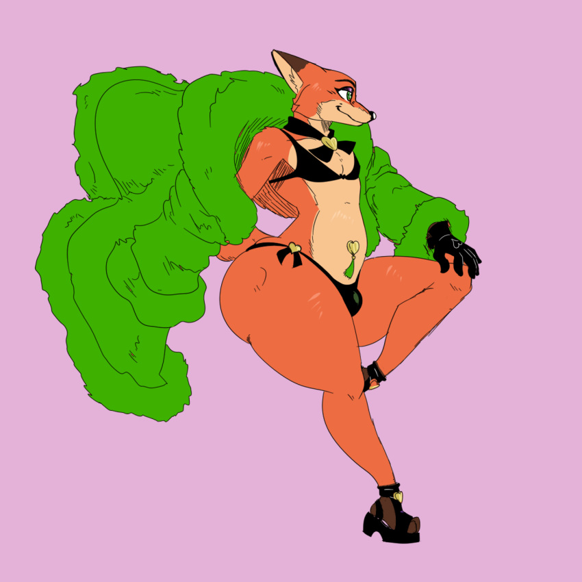 2023 a-side anthro bikini bikini_bottom bikini_top black_clothing butt canid canine clothed clothing collar crossdressing disney footwear fox fur girly gloves green_clothing green_robe half-closed_eyes hand_on_knee hand_on_leg handwear hi_res high_heels inner_ear_fluff looking_away male mammal mouth_closed narrowed_eyes navel navel_piercing nick_wilde one_leg_up open_clothing open_robe panties piercing pose raised_leg robe side_view smile smirk solo swimwear thick_thighs tuft underwear wide_hips zootopia