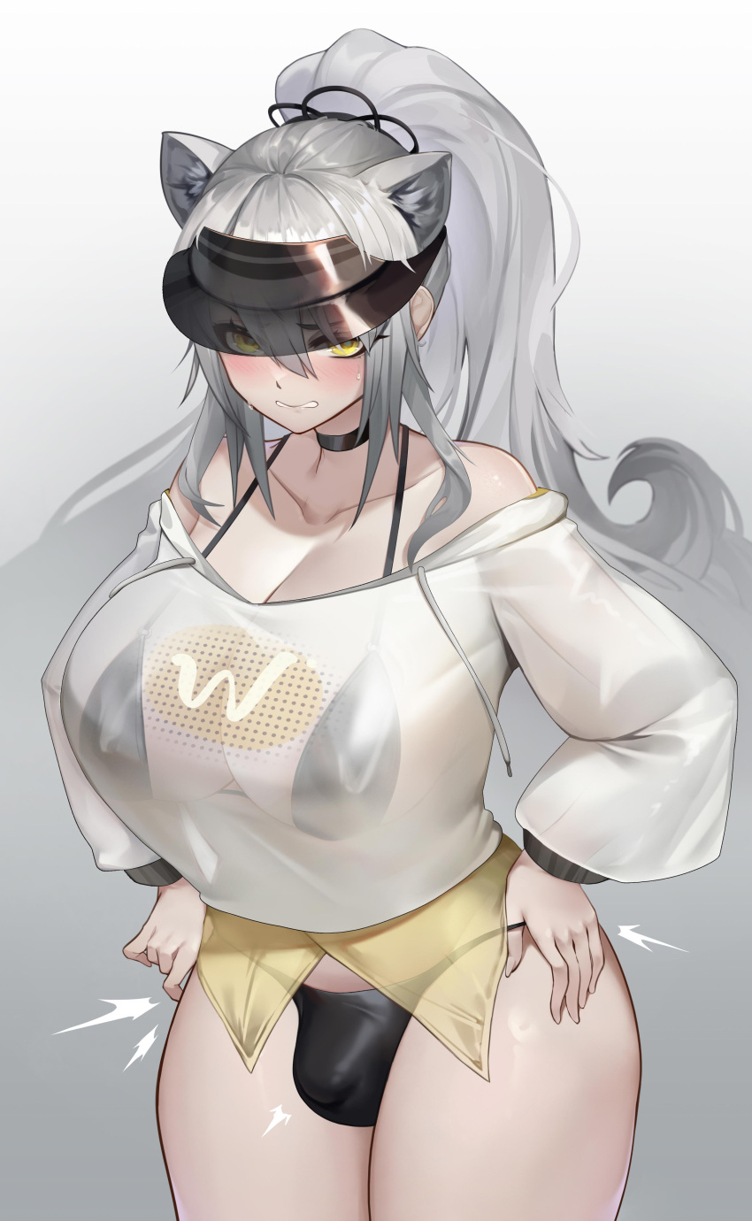 1girl absurdres animal_ears arknights bare_shoulders black_hair blush breasts bulge cat_ears choker cleavage futanari gins grey_hair hands_on_hips highres large_breasts parted_lips ponytail schwarz_(arknights) see-through solo sweat variant_set visor_cap yellow_eyes