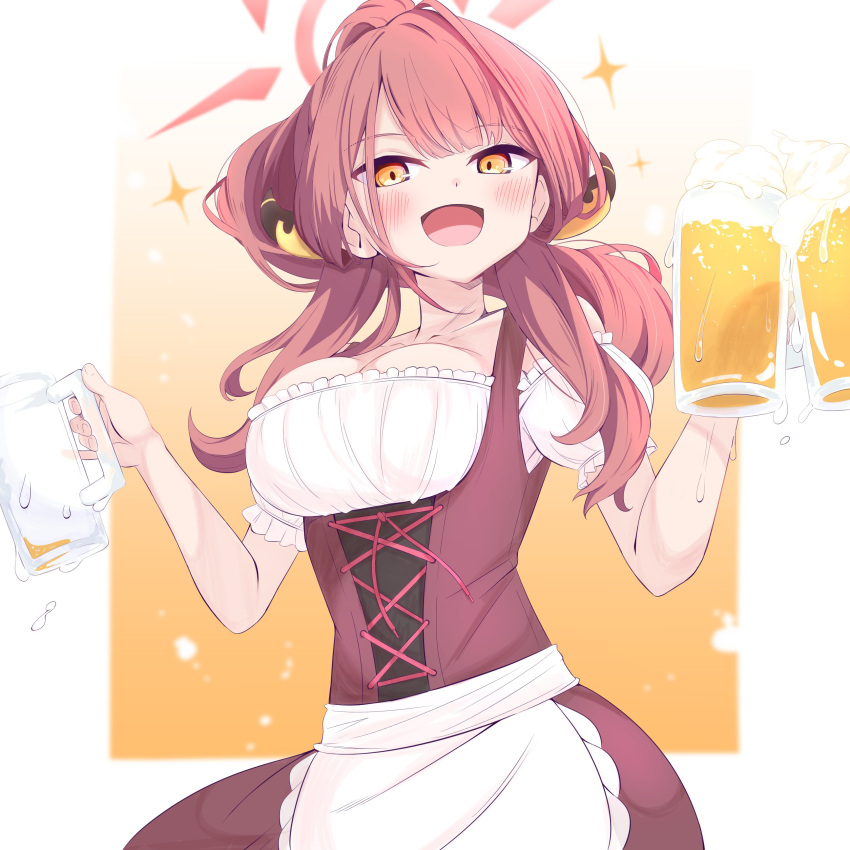 1girl :d absurdres alcohol alternate_costume apron aru_(blue_archive) bangs beer beer_mug blue_archive blunt_bangs blush breasts cleavage collarbone commentary_request cup demon_girl demon_horns detached_sleeves dirndl dual_wielding german_clothes halo highres holding holding_cup horns long_hair looking_at_viewer mug pink_hair riku_riku88 short_sleeves sidelocks simple_background smile solo yellow_eyes