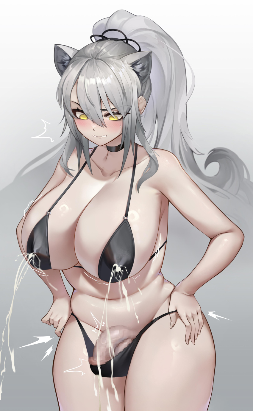 1girl absurdres animal_ears arknights bare_shoulders black_hair blush breasts bulge cat_ears censored choker cleavage futanari gins grey_hair hands_on_hips highres lactation lactation_through_clothes large_breasts mosaic_censoring parted_lips penis ponytail schwarz_(arknights) solo sweat variant_set yellow_eyes